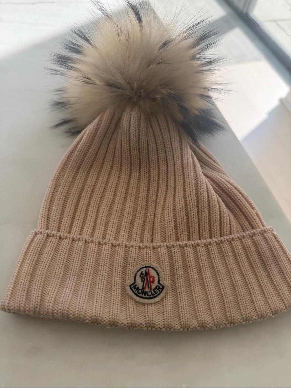 Moncler Kids Blush Ribbed Knit Beanie with Fur Pom